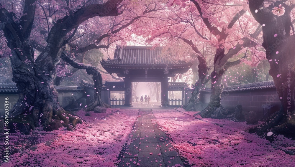 Cherry blossom tree tunnel with pink petals covering the ground. Cherry blossom tree tunnel with pink petals covering the ground.