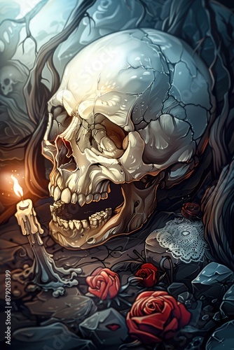 Skull and Roses Still Life with Candle in Dark Forest photo