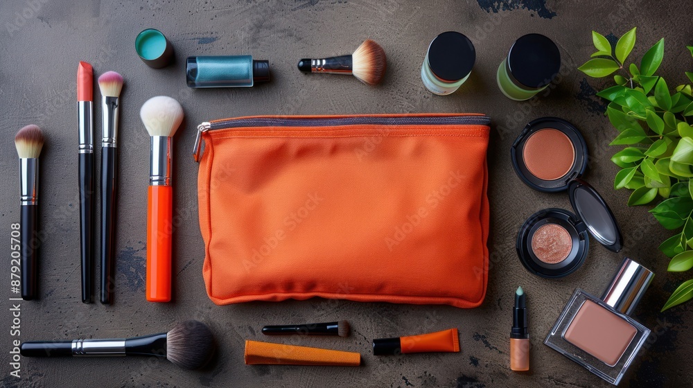 Orange Cosmetic Bag with Brushes and Makeup Products on a Rustic Surface Orange Cosmetic Bag with Brushes and Makeup Products on a Rustic Surface