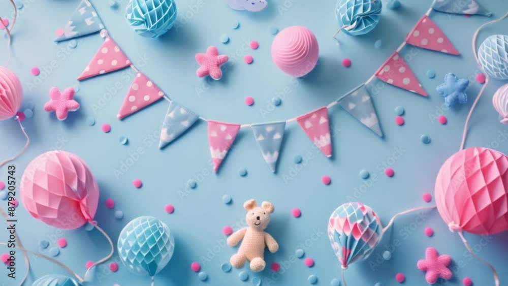 A flat lay of pink and blue decorations for a baby shower on a blue background. The decorations include paper balloons, flags, confetti, and a teddy bear. A flat lay of pink and blue decorations for a baby shower on a blue background. The decorations include paper balloons, flags, confetti, and a teddy bear.