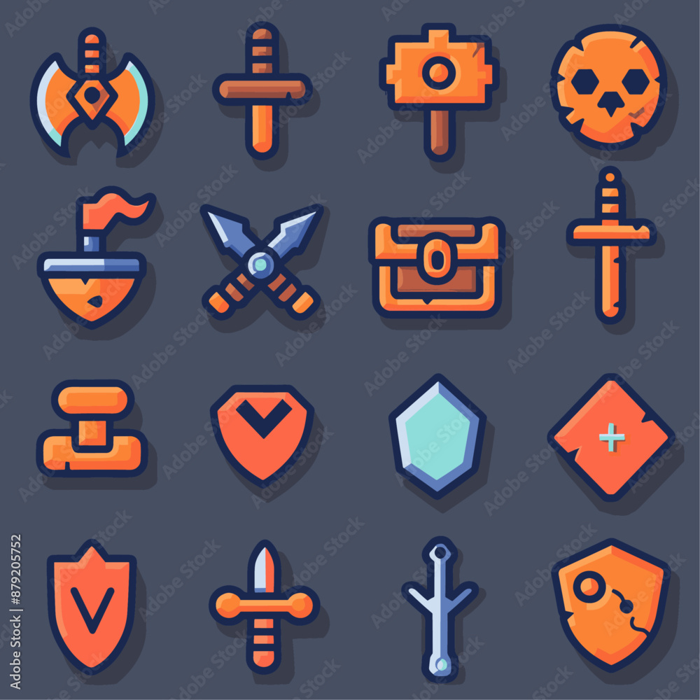Pixel art game icons. sword, axe, shield, chest, skull, dagger, game ...