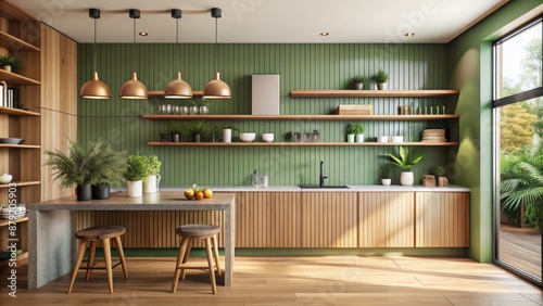 Natural green wall panelling complements sleek wooden shelf in modern kitchen with neutral tones and ample natural light.