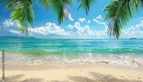 Fototapeta Naklejka Na Ścianę i Meble -  Tranquil tropical beach with palm trees, ocean in background, perfect for relaxation
