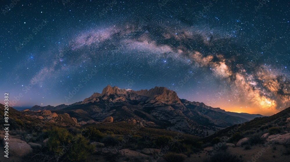 A dramatic mountain range under a clear, star-filled night sky, Milky Way visible A dramatic mountain range under a clear, star-filled night sky, Milky Way visible