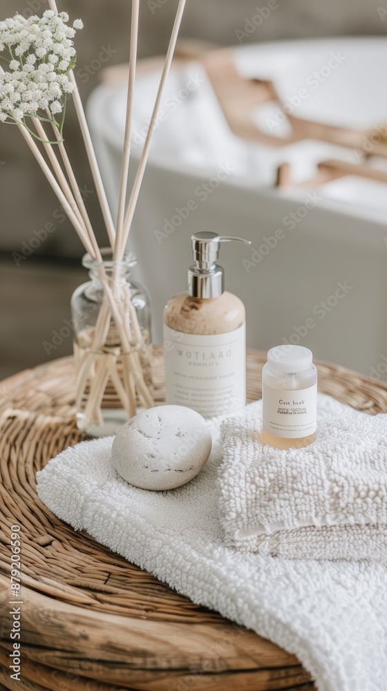 Stacked white towels with a brown towel underneath, a diffuser with wooden sticks, and smooth stones on a white surface in front of a white wall Stacked white towels with a brown towel underneath, a diffuser with wooden sticks, and smooth stones on a white surface in front of a white wall