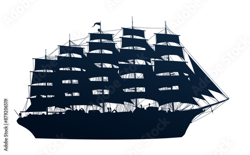 The silhouette of a large sailing ship.