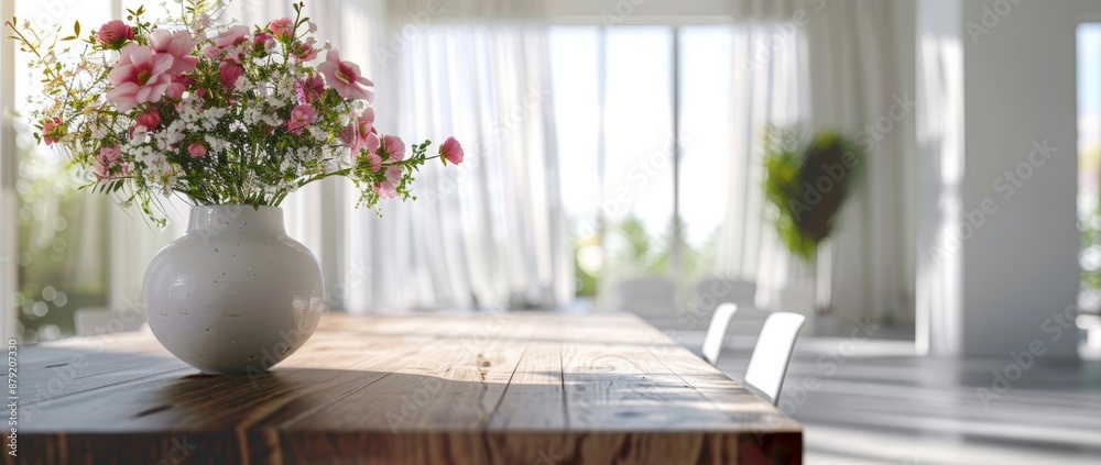 An elegantly arranged flower vase on a wooden dining table in an apartment. A vase filled with colorful bouquets adds a pop of color to the minimalist decor. An elegantly arranged flower vase on a wooden dining table in an apartment. A vase filled with colorful bouquets adds a pop of color to the minimalist decor.