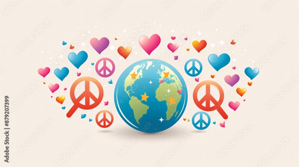 Globe with hearts and peace symbols around it in a simple design Stock Photo with copy space Globe with hearts and peace symbols around it in a simple design Stock Photo with copy space