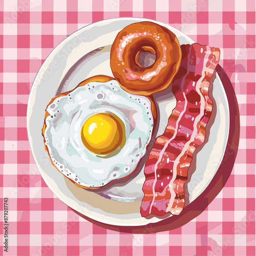 Fried egg, bacon, and donut on a plate, breakfast food