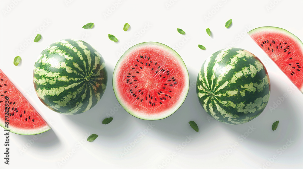 Three watermelons are sliced and placed on a white background Three watermelons are sliced and placed on a white background