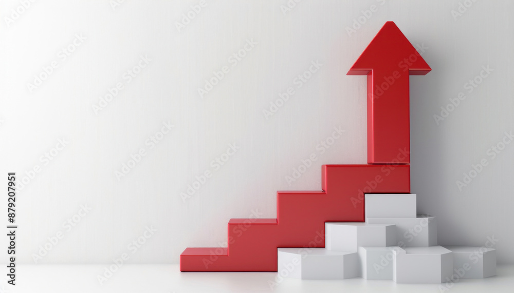 A red arrow moves up on a white staircase, symbolizing progress and improvement A red arrow moves up on a white staircase, symbolizing progress and improvement