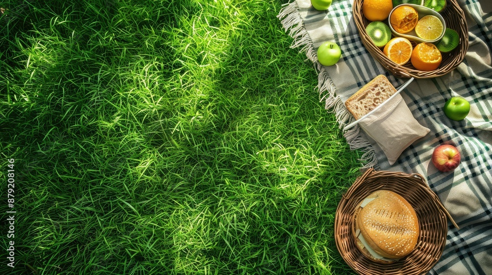 Fototapeta premium Picnic blanket spread out on green grass