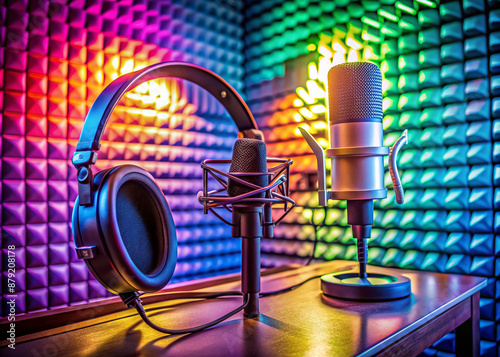 Vibrant studio setup with professional microphone and headphones on desk, awaiting podcast recording, surrounded by soundproofing materials and colorful studio lights. photo