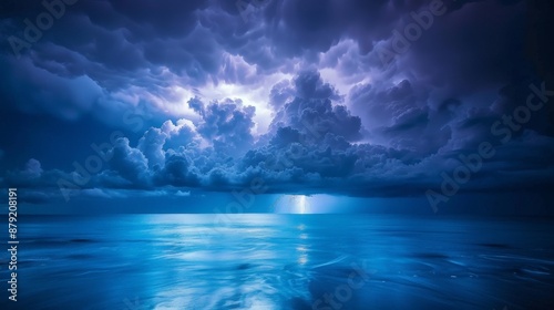 A dramatic stormy sky over a calm ocean, lightning striking in the distance