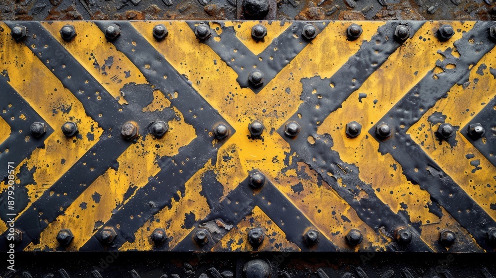 Obraz premium Yellow and black anti rust painted industrial boat floor plate with robust metal pattern on old iron deck Weathered metal texture background in modern design concept with space for text