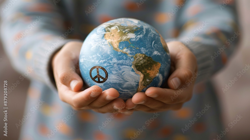Hands holding a globe with peace signs on a simple background Stock Photo with copy space Hands holding a globe with peace signs on a simple background Stock Photo with copy space