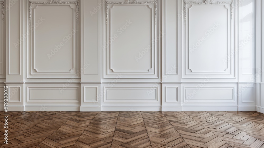 White classic wall background, brown parquet floor White classic wall background, brown parquet floor
