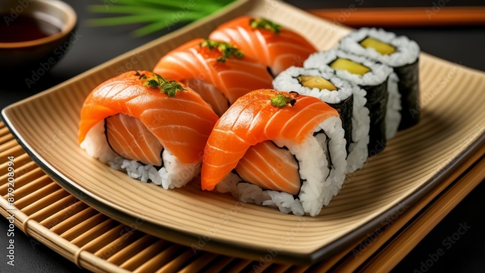 Deliciously crafted sushi rolls ready to be savored Deliciously crafted sushi rolls ready to be savored