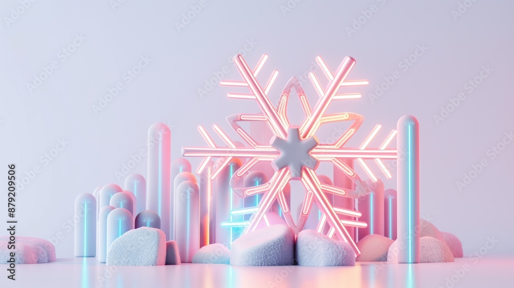Illuminated neon snowflake on a soft gradient background