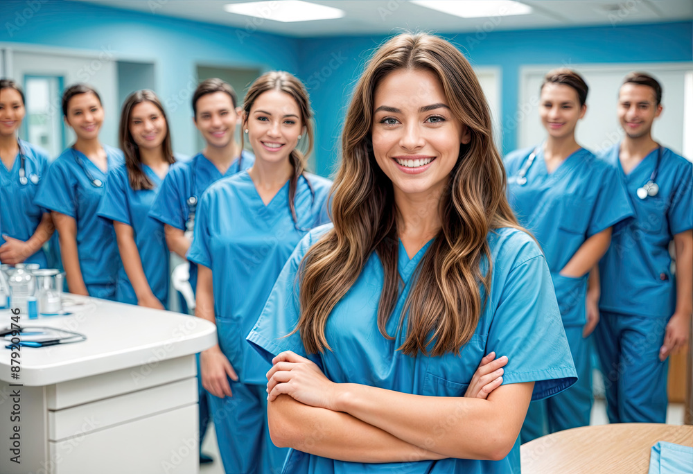 Confident Young Woman in Blue Scrubs in Medical Setting Confident Young Woman in Blue Scrubs in Medical Setting