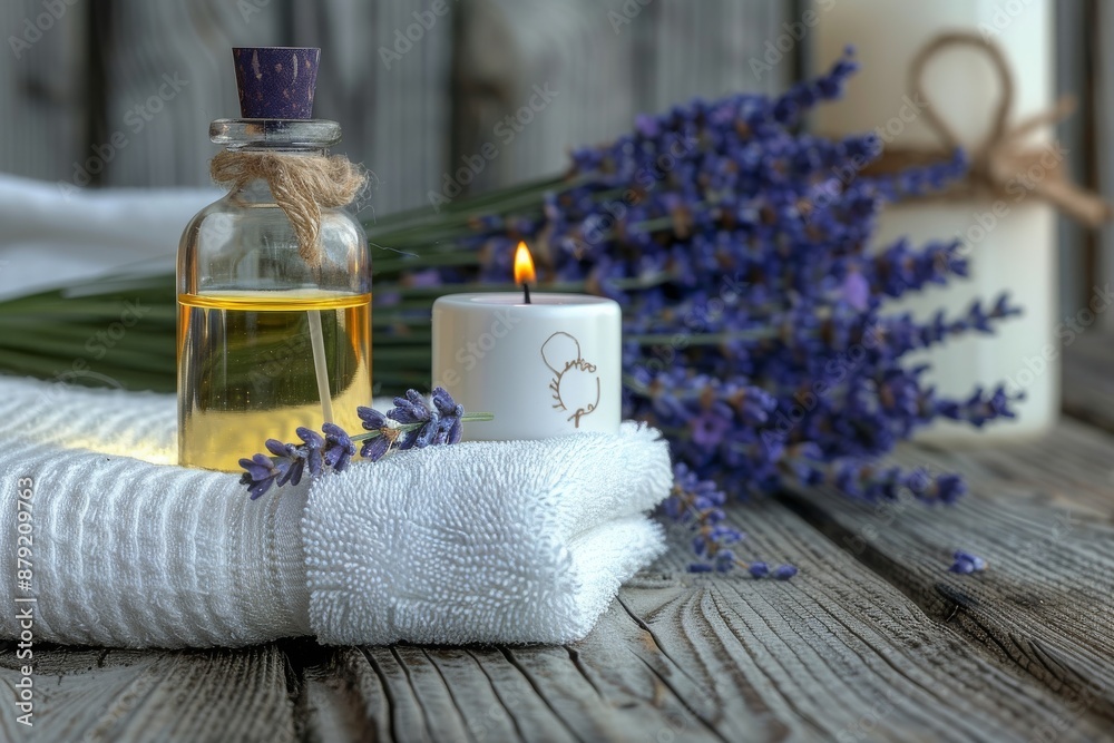 spa still life with lavender oil, white towel and perfumed candle on natural wood spa still life with lavender oil, white towel and perfumed candle on natural wood