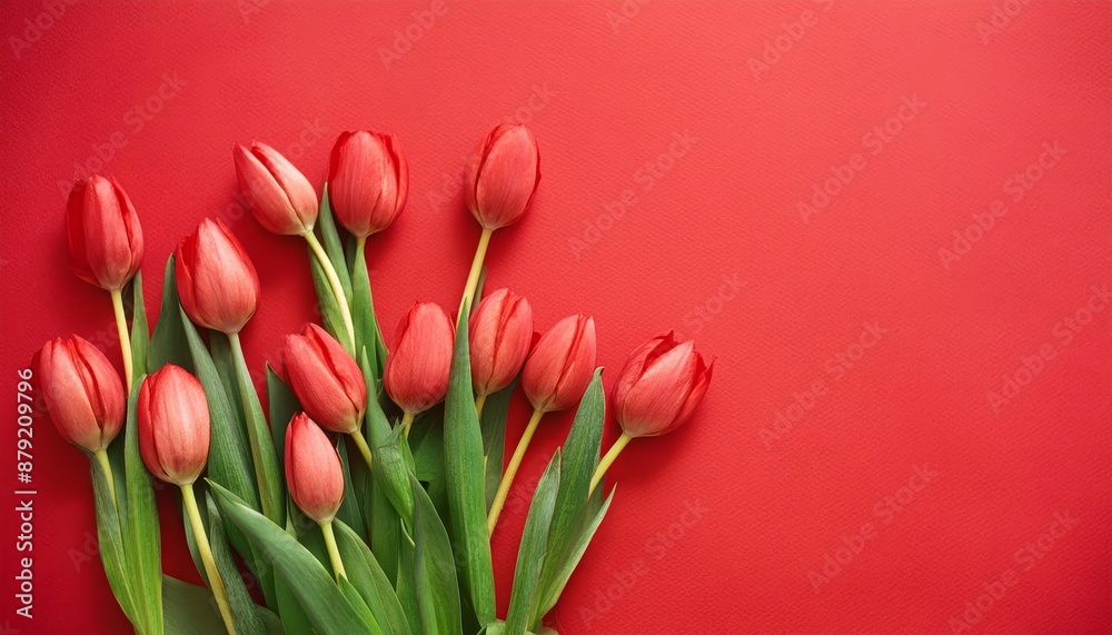 Red Tulips on Red Background - Beautiful Flowers for Spring - Colored Tullips - Background for Mother's Day, Woman's Day, Valentine's Day or Birthday - Space for Copy or Text Red Tulips on Red Background - Beautiful Flowers for Spring - Colored Tullips - Background for Mother's Day, Woman's Day, Valentine's Day or Birthday - Space for Copy or Text