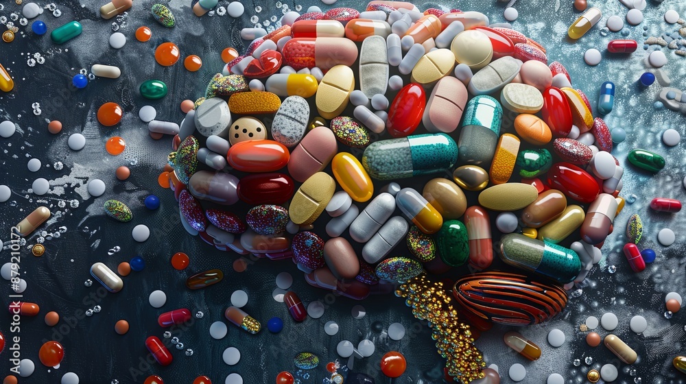 Creative depiction of the human brain composed of various colorful pills and tablets, representing the complex relationship between medicine and mental health. Ideal for medical illustrations.