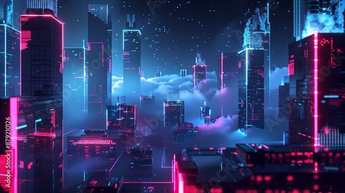 Neon cyberpunk cityscape with futuristic buildings and vibrant colors, ideal for sci-fi illustrations, video game backgrounds, and tech advertisements.