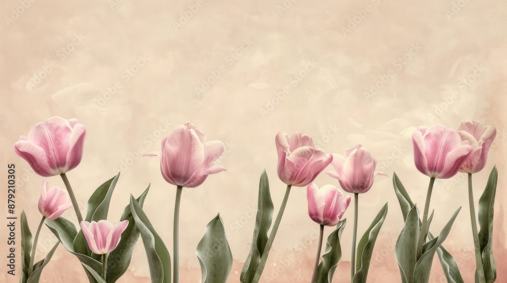 Pink tulips on beige backdrop with room for text Floral design Artistic botanical poster