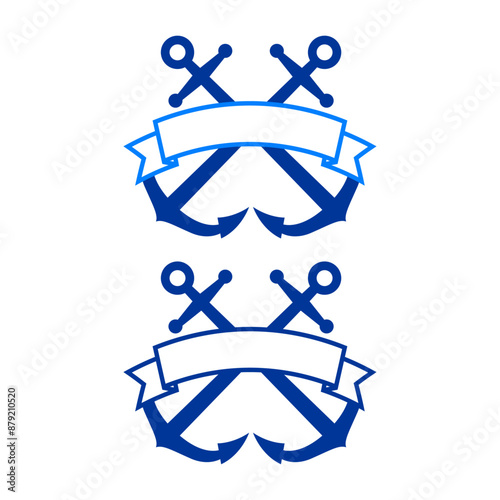 Logo nautical. Banner con silueta de anclas de barco cruzados con bandera de cinta con líneas