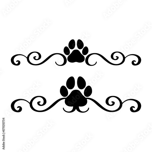 Logo pet friendly. Silueta de zarpa de perro o gato con línea de decoración de caligrafía como marco