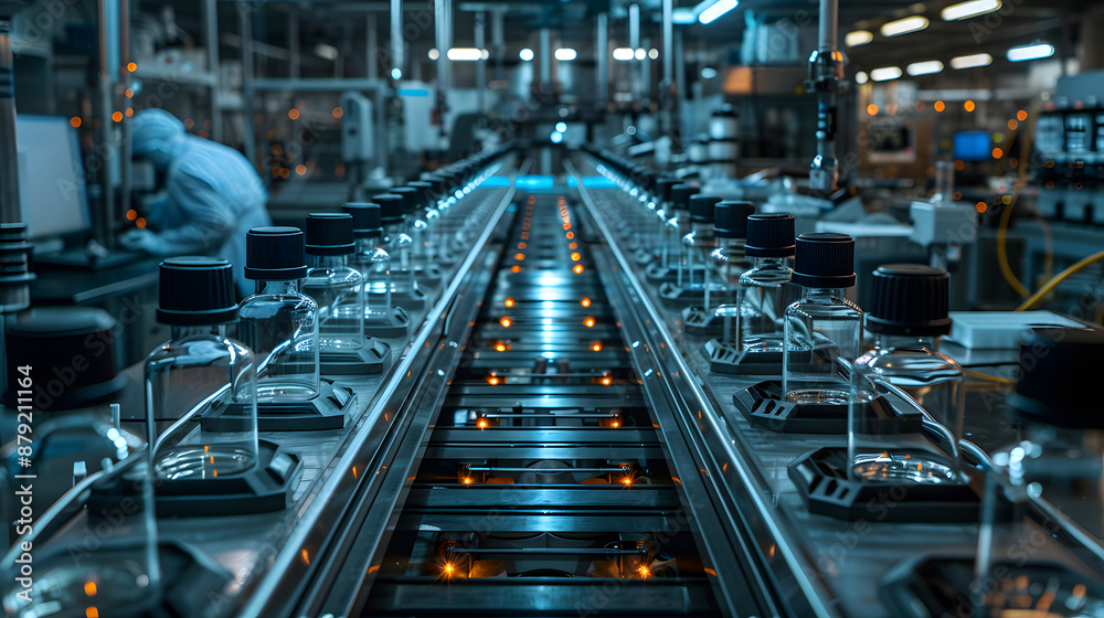 Fototapeta premium Modern automated pharmaceutical manufacturing line with bottles on a conveyor belt, showcasing advanced industry technology and efficiency.