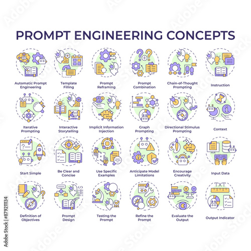 Prompt engineering multi color concept icons. Conversational artificial intelligence. Design instruction for ai. Generate response. Icon pack. Vector images. Round shape illustrations. Abstract idea