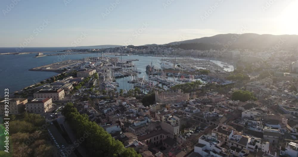 Marina At Puerto de Palma With Llotja de Palma In Foreground. Balearic Islands, Spain. aerial panning shot Marina At Puerto de Palma With Llotja de Palma In Foreground. Balearic Islands, Spain. aerial panning shot