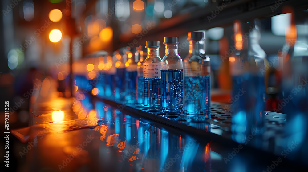 Laboratory flasks with blue liquid under warm lighting, showcasing a scientific research setting with focus on glassware and chemistry. Laboratory flasks with blue liquid under warm lighting, showcasing a scientific research setting with focus on glassware and chemistry.