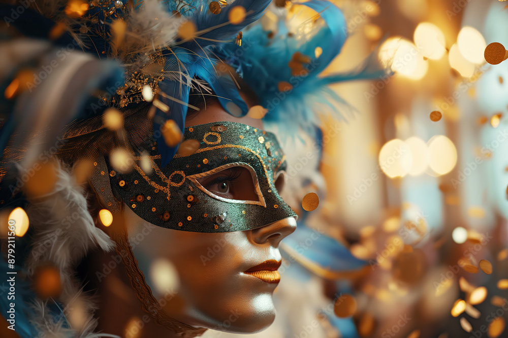Naklejka premium Woman wearing elaborate costume mask posing at party
