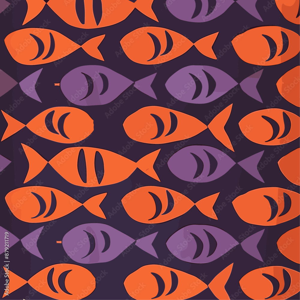 Fototapeta premium Seamless Pattern of Orange and Purple Fish on a Navy Blue Background