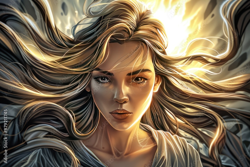 Portrait of a Determined Woman with Long Flowing Hair Portrait of a Determined Woman with Long Flowing Hair