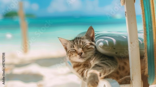 A serene image of a cat peacefully sleeping under a chair on a sunny beach , cat, sleeping, peacefully, chair, beach, relaxation