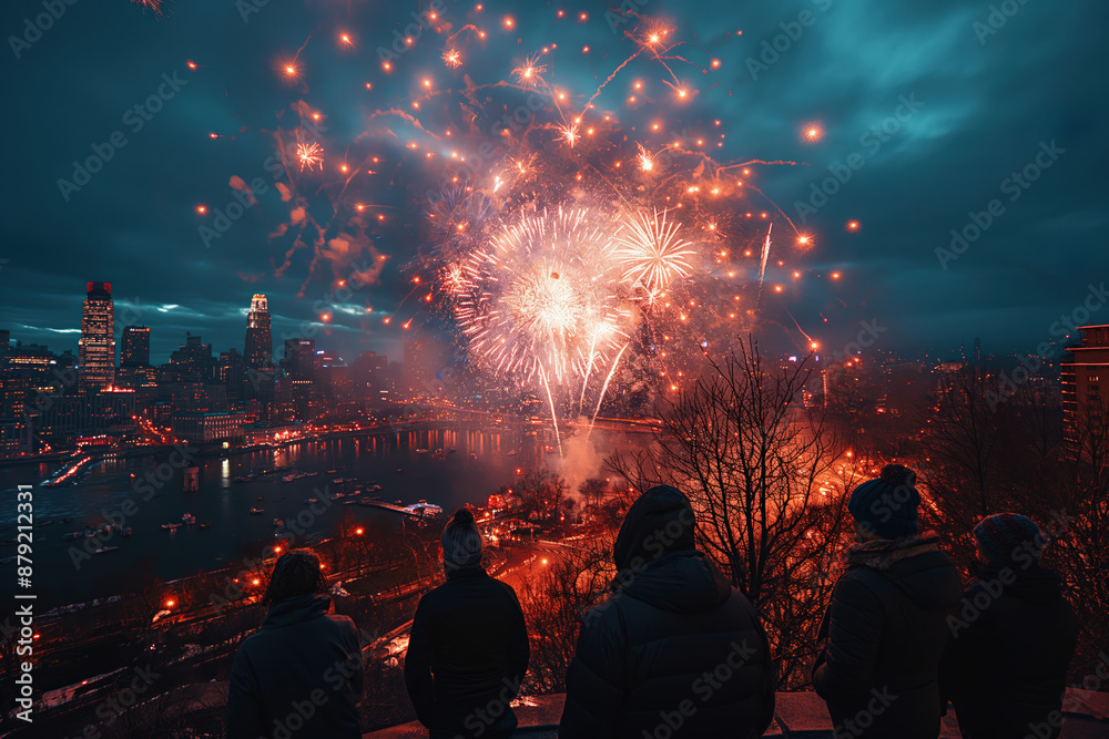Fototapeta premium Group of friends watching fireworks exploding over city skyline at night