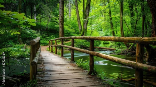 A serene wooden bridge over a tranquil stream in a vibrant green forest , peaceful, wooden, bridge, stream, lush, green, forest