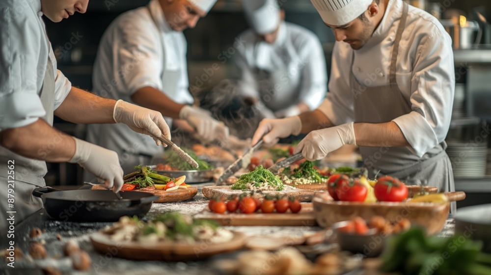 Professional chefs preparing gourmet meals in busy restaurant kitchen. Professional chefs preparing gourmet meals in busy restaurant kitchen.