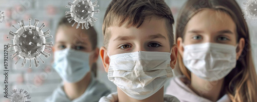 Three children wearing masks in front of a wall with a virus. Scene is serious and cautionary photo