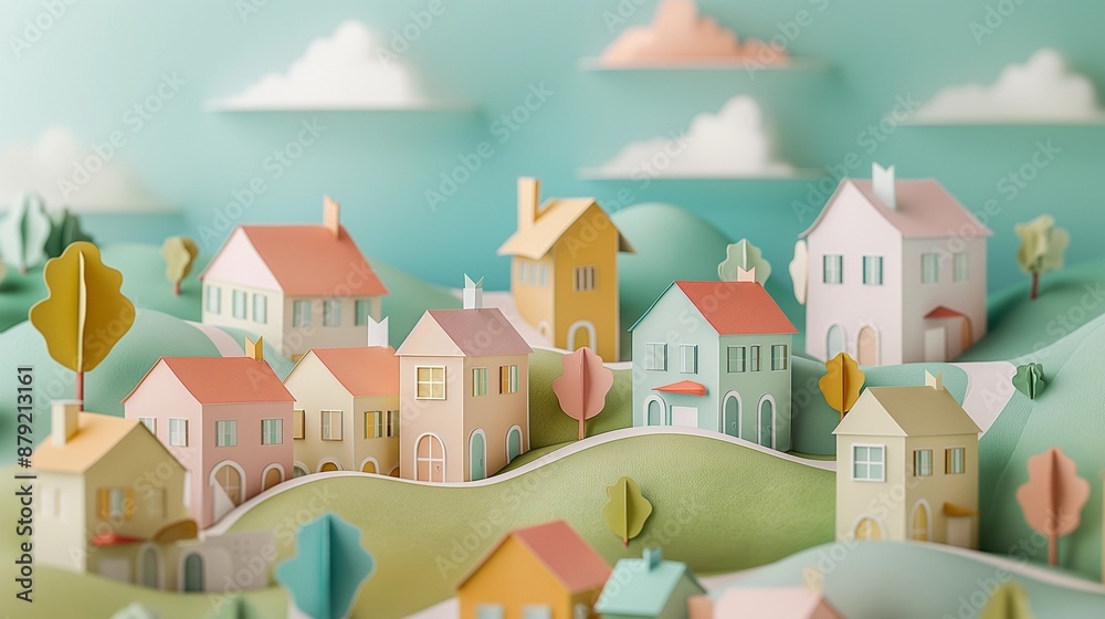 Folded paper village with origami hiuses and streets, town landscape, minimalistic Folded paper village with origami hiuses and streets, town landscape, minimalistic