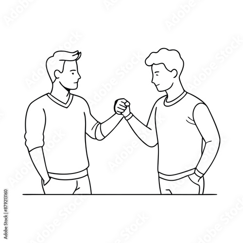 two guys doing a fist bump. line art vector illustration 