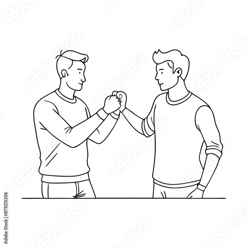 two guys doing a fist bump. line art vector illustration 