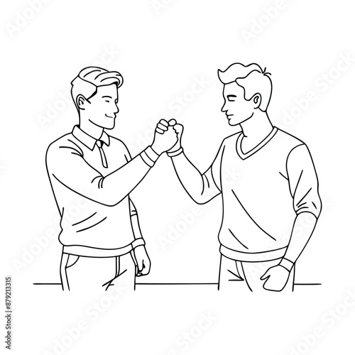 two guys doing a fist bump. line art vector illustration 