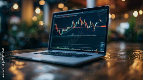 Graph of increasing stock prices on laptop, business success, professional office, financial growth, clear data visualization, high-definition screen