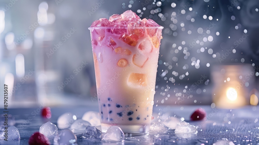 A tall glass filled with a vibrant mix of taro and strawberry milk bubble tea, topped with ice and featuring chewy tapioca pearls, taro bubble tea, strawberry milk tea, bubble tea See Less A tall glass filled with a vibrant mix of taro and strawberry milk bubble tea, topped with ice and featuring chewy tapioca pearls, taro bubble tea, strawberry milk tea, bubble tea See Less