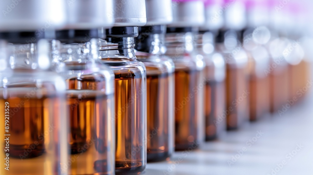 An image showing glass vials filled with amber-colored liquid, neatly arranged in a row within a laboratory setting, symbolizing scientific research and experimental precision. An image showing glass vials filled with amber-colored liquid, neatly arranged in a row within a laboratory setting, symbolizing scientific research and experimental precision.